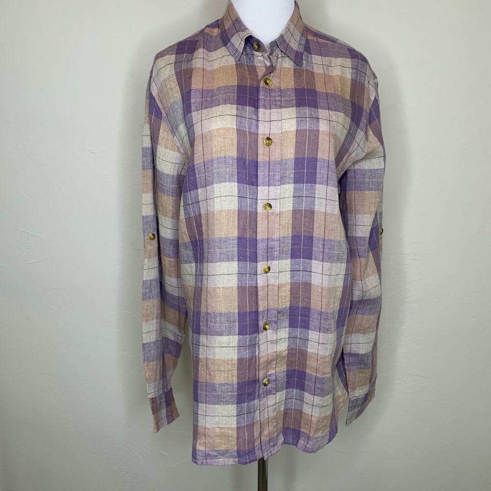 Purple Tan Plaid Linen? Shirt Button Up Sz Large